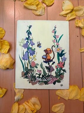 Original cute Vintage  Mouse Floral Mushroom Painting Whimsy wall deco